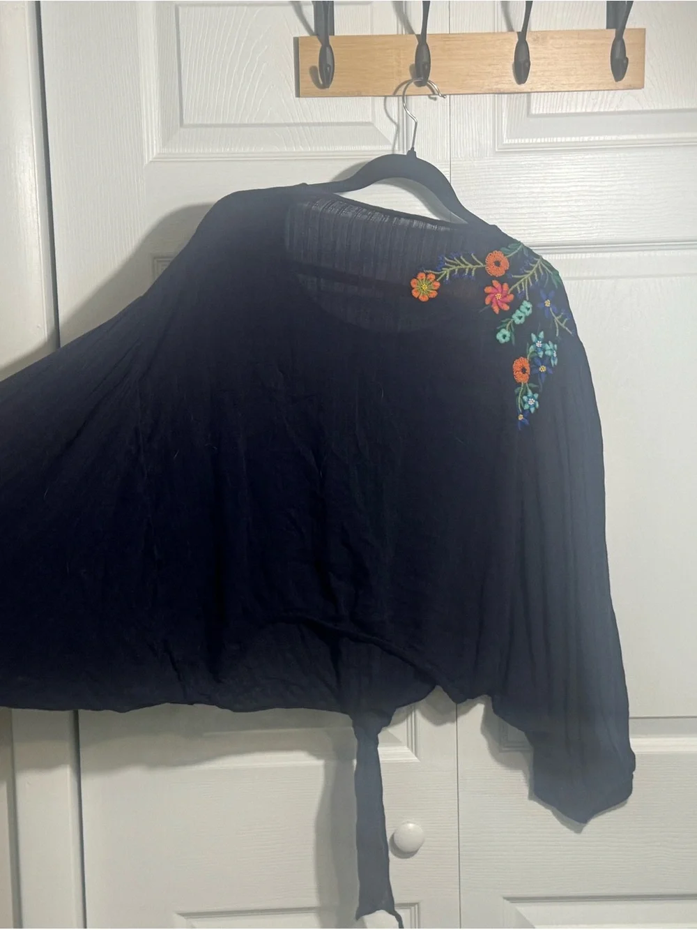 Free People Navy Embroidered Floral Tie-Front Blouse